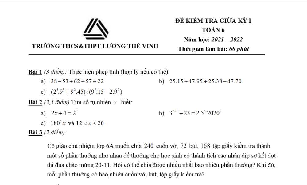Toán 6: Đề kiểm tra giữa học kì 1. Trường THCS THPT Lương Thế Vinh năm học 2020-2021